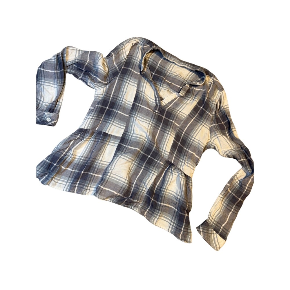 Attard State Plaid Peplum Blouse Shirt Womens Size Small Grey Long Sleeve V Neck